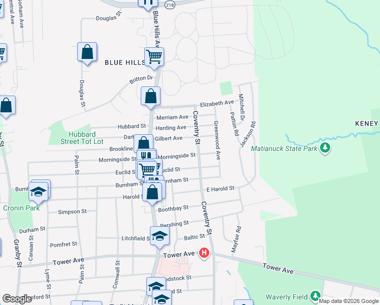 map of restaurants, bars, coffee shops, grocery stores, and more near 308 Coventry Street in Hartford