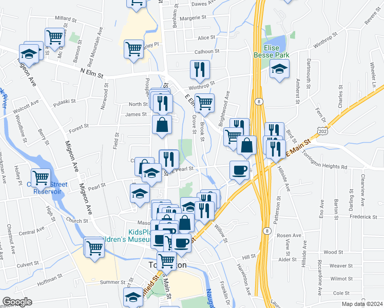 map of restaurants, bars, coffee shops, grocery stores, and more near 15 Grove Street in Torrington