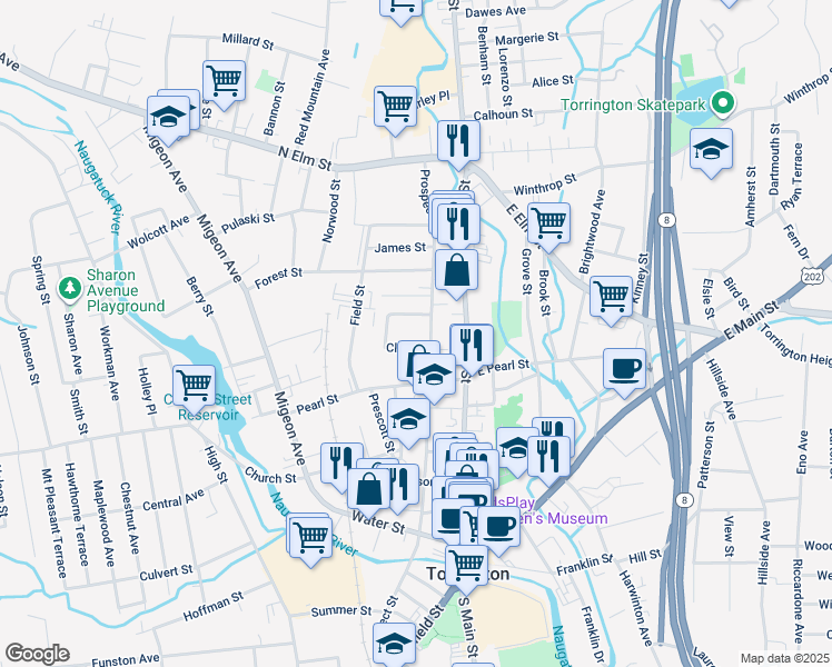 map of restaurants, bars, coffee shops, grocery stores, and more near 31 Clark Street in Torrington