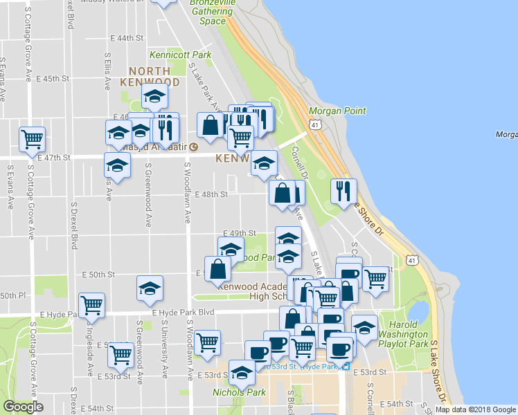 map of restaurants, bars, coffee shops, grocery stores, and more near 4840 South Dorchester Avenue in Chicago