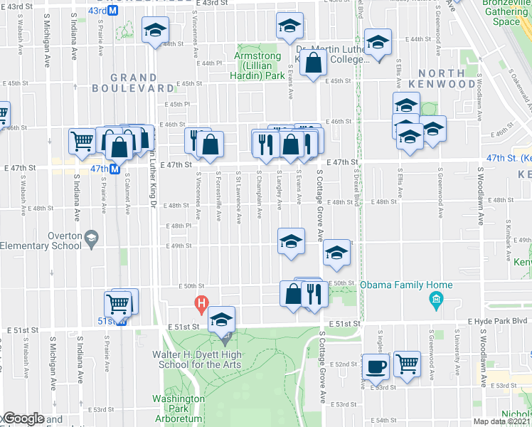 map of restaurants, bars, coffee shops, grocery stores, and more near 4836 South Champlain Avenue in Chicago