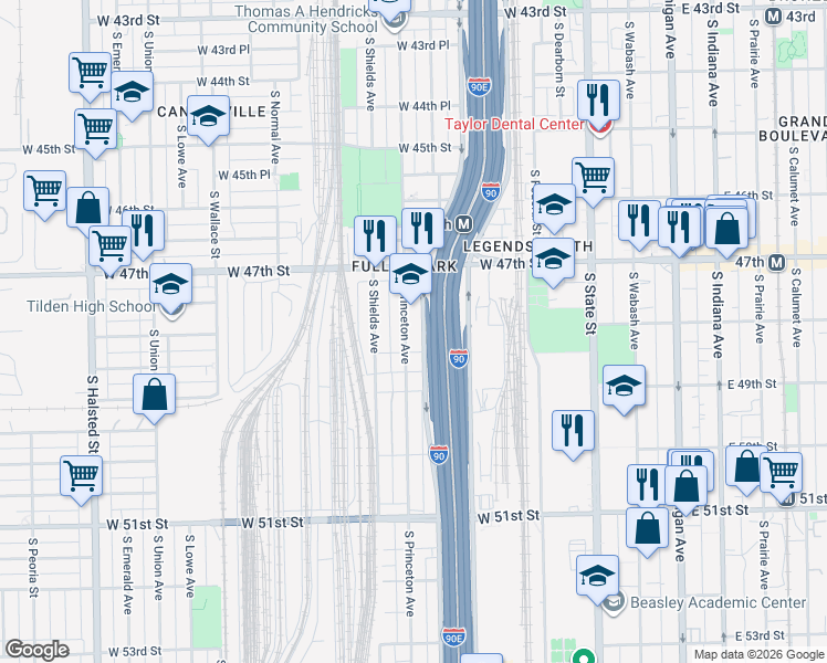 map of restaurants, bars, coffee shops, grocery stores, and more near 4823 South Princeton Avenue in Chicago