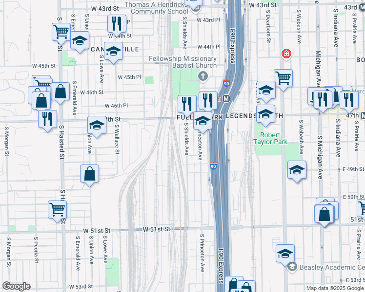 map of restaurants, bars, coffee shops, grocery stores, and more near 4822 South Shields Avenue in Chicago