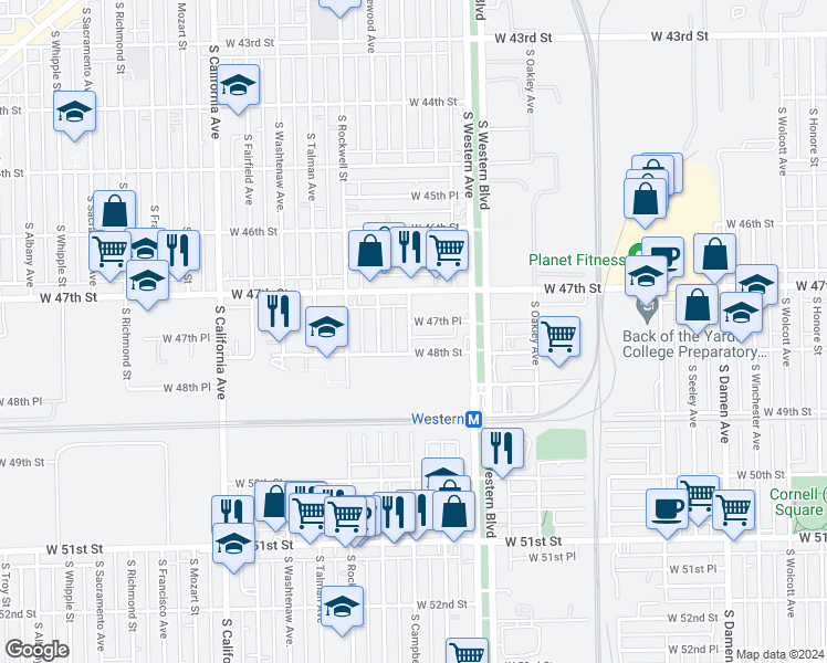 map of restaurants, bars, coffee shops, grocery stores, and more near 2519 West 48th Street in Chicago
