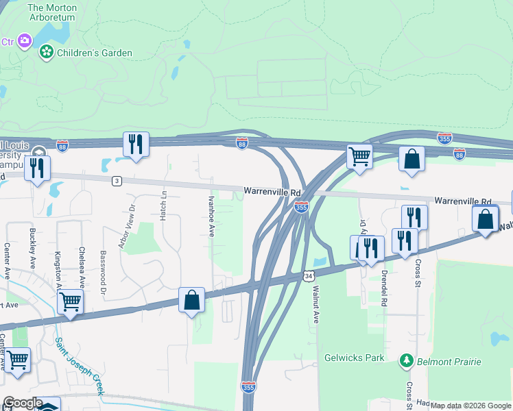 map of restaurants, bars, coffee shops, grocery stores, and more near 445 Warrenville Road in Lisle