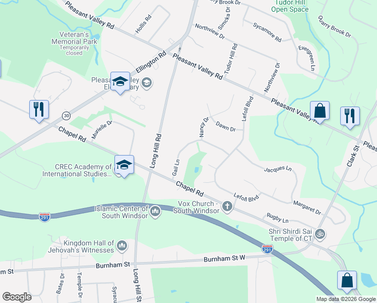 map of restaurants, bars, coffee shops, grocery stores, and more near 123 Gail Lane in South Windsor