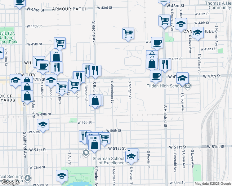 map of restaurants, bars, coffee shops, grocery stores, and more near 4821 South Aberdeen Street in Chicago