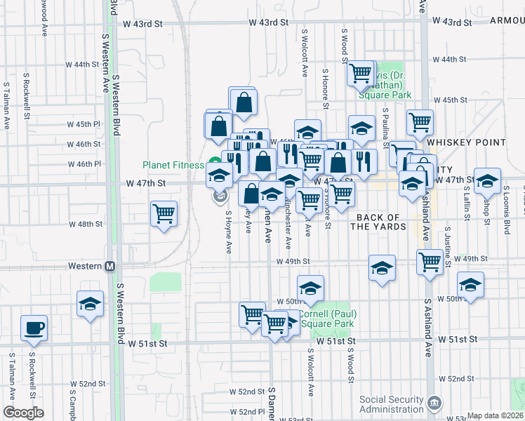 map of restaurants, bars, coffee shops, grocery stores, and more near 1954 West 48th Street in Chicago