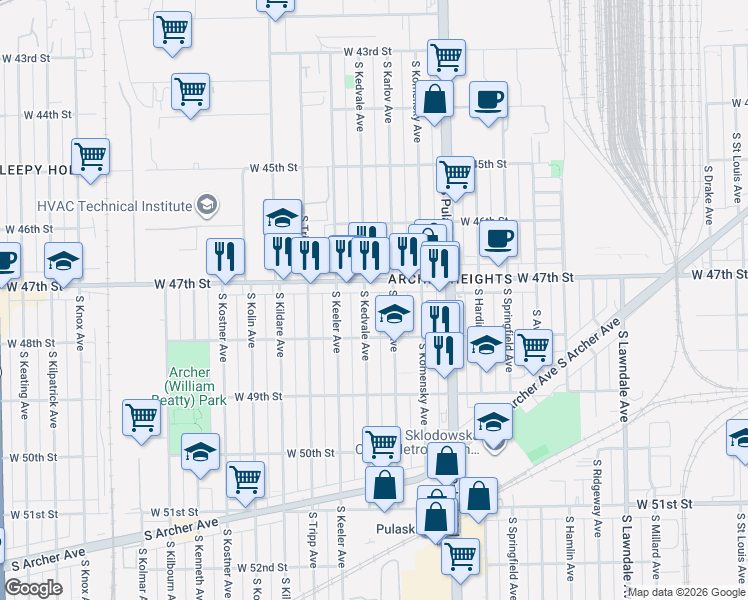 map of restaurants, bars, coffee shops, grocery stores, and more near 4746 South Kedvale Avenue in Chicago