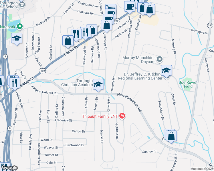 map of restaurants, bars, coffee shops, grocery stores, and more near 445 New Harwinton Road in Torrington