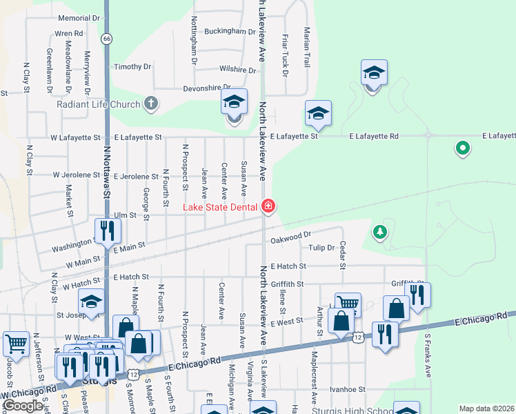 map of restaurants, bars, coffee shops, grocery stores, and more near 803 East Main Street in Sturgis