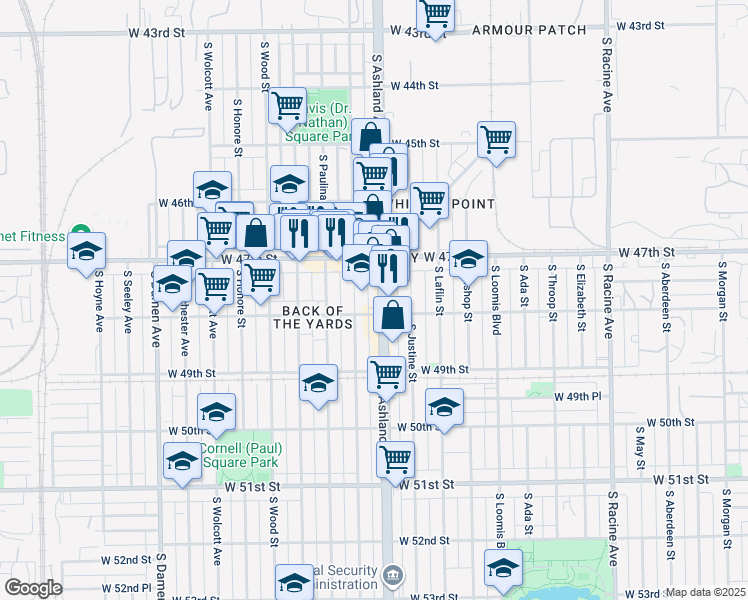 map of restaurants, bars, coffee shops, grocery stores, and more near 4714 South Marshfield Avenue in Chicago