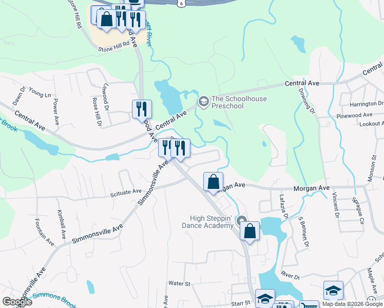 map of restaurants, bars, coffee shops, grocery stores, and more near Rotary Drive in Johnston