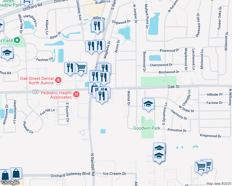map of restaurants, bars, coffee shops, grocery stores, and more near 100 Acorn Drive in North Aurora