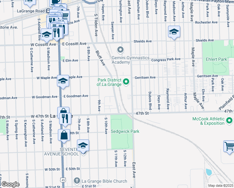 map of restaurants, bars, coffee shops, grocery stores, and more near 355 Bluff Avenue in La Grange