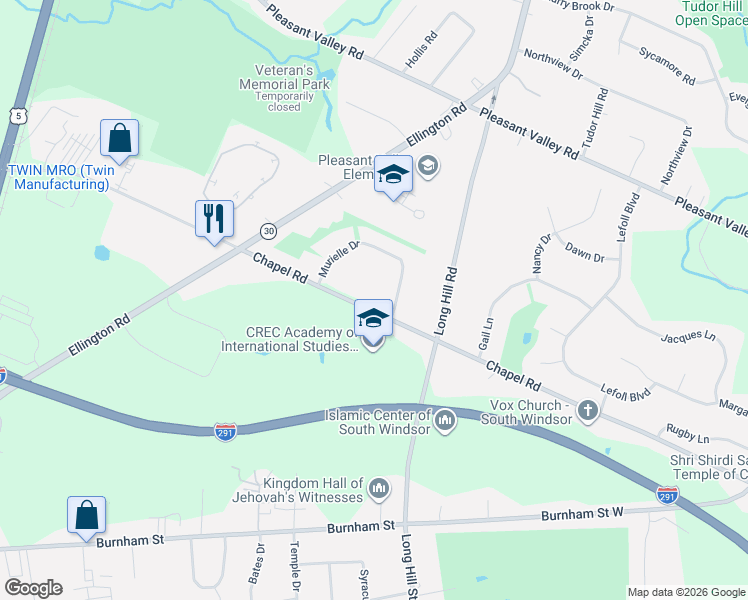 map of restaurants, bars, coffee shops, grocery stores, and more near 588 Chapel Road in South Windsor