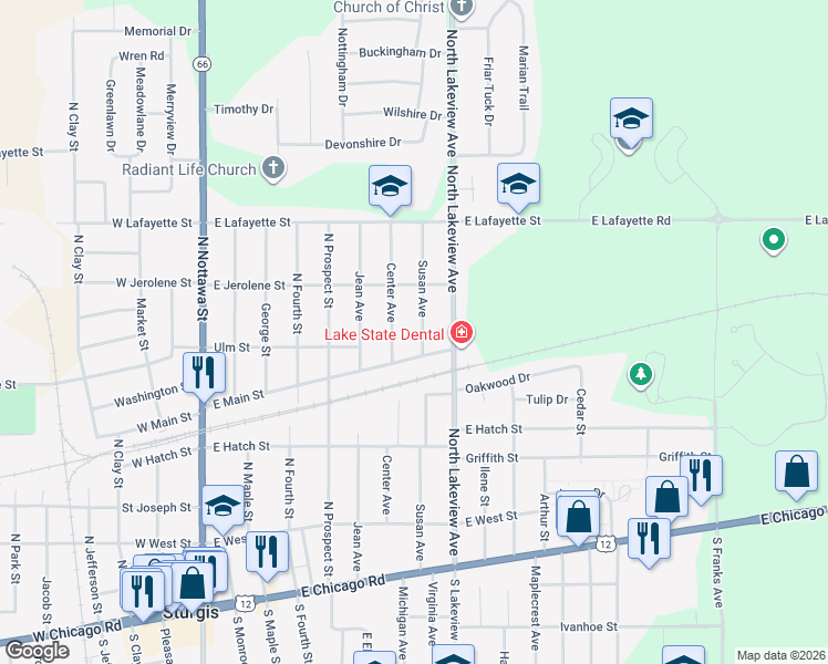 map of restaurants, bars, coffee shops, grocery stores, and more near 419 Susan Avenue in Sturgis