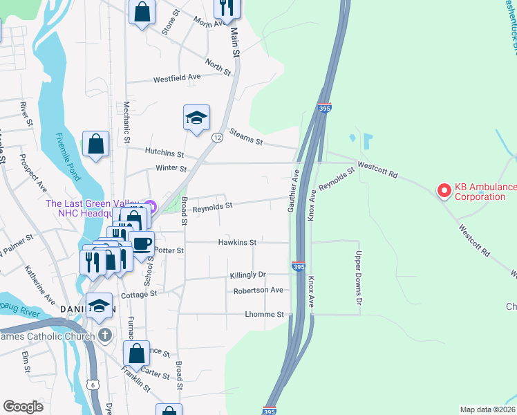 map of restaurants, bars, coffee shops, grocery stores, and more near 136 Reynolds Street in Killingly