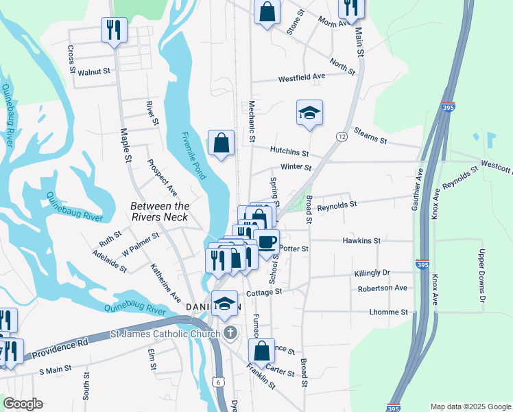 map of restaurants, bars, coffee shops, grocery stores, and more near 26 Oak Street in Killingly