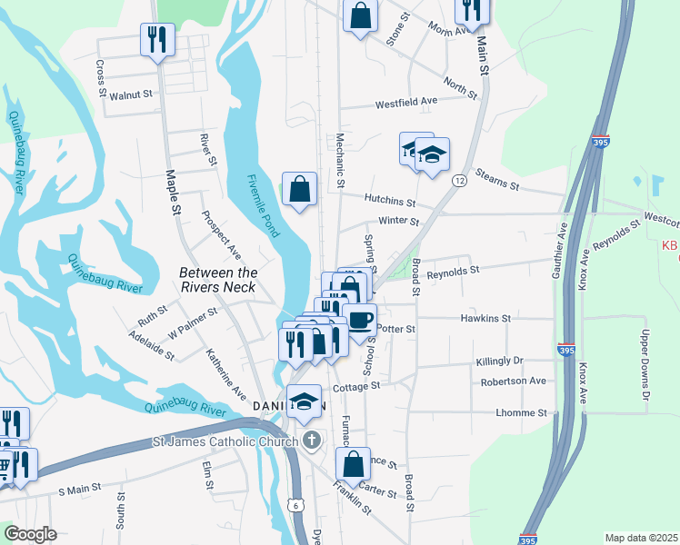 map of restaurants, bars, coffee shops, grocery stores, and more near 26 Oak Street in Killingly