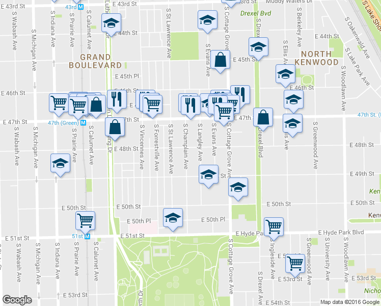 map of restaurants, bars, coffee shops, grocery stores, and more near 4750 South Champlain Avenue in Chicago