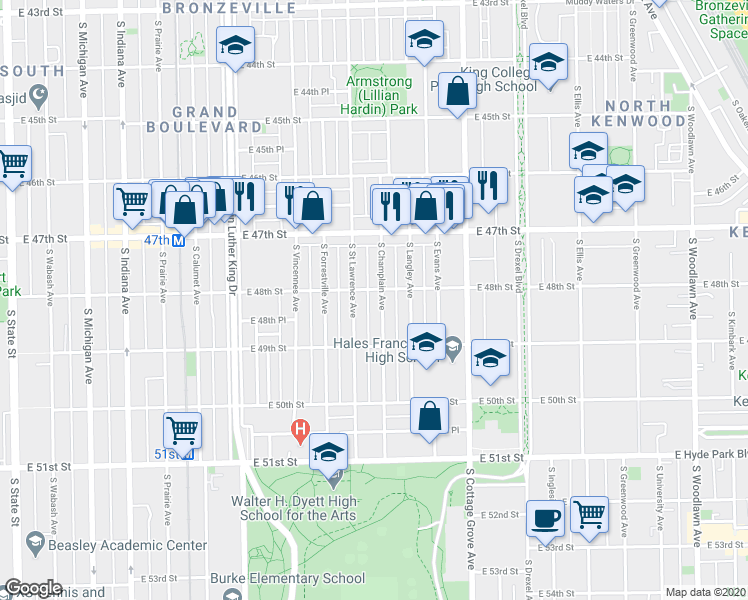 map of restaurants, bars, coffee shops, grocery stores, and more near 4750 South Champlain Avenue in Chicago