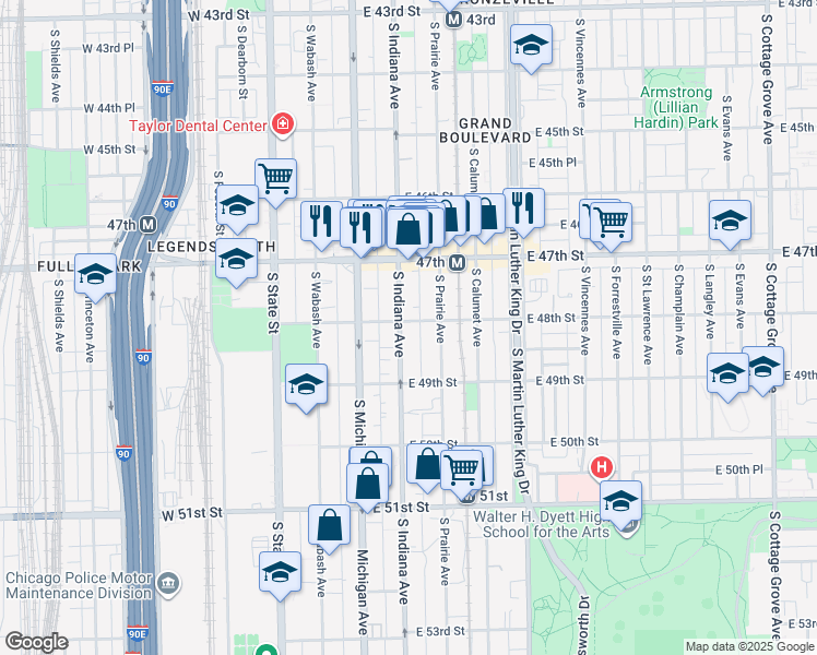 map of restaurants, bars, coffee shops, grocery stores, and more near 4749 South Indiana Avenue in Chicago