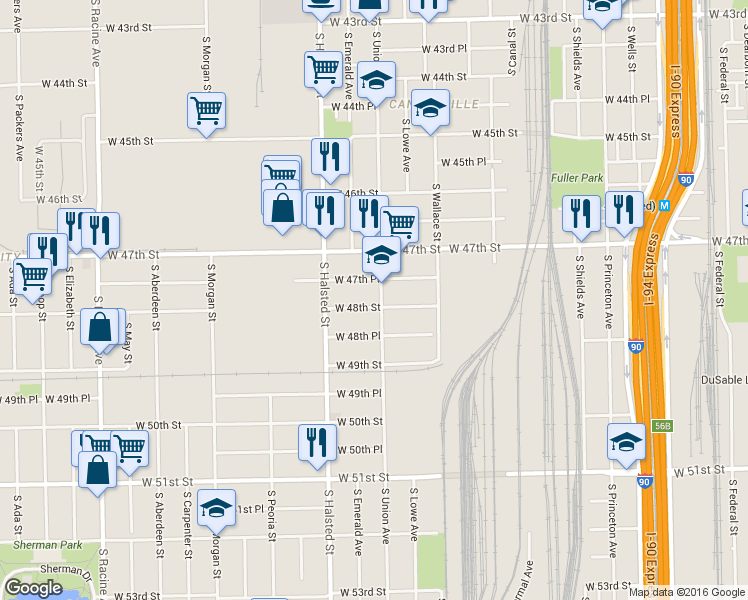 map of restaurants, bars, coffee shops, grocery stores, and more near 4734 South Union Avenue in Chicago