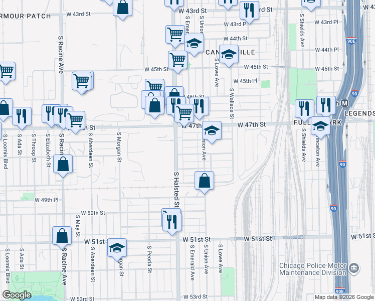 map of restaurants, bars, coffee shops, grocery stores, and more near 744 West 47th Place in Chicago