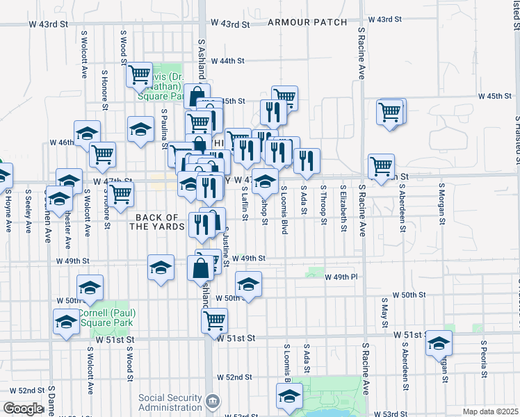 map of restaurants, bars, coffee shops, grocery stores, and more near 4722 South Bishop Street in Chicago