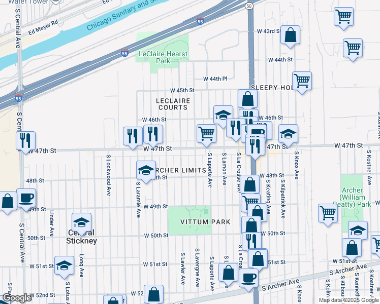 map of restaurants, bars, coffee shops, grocery stores, and more near 4644 South Lavergne Avenue in Chicago