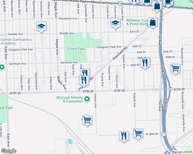map of restaurants, bars, coffee shops, grocery stores, and more near 8914 Plainfield Road in Brookfield