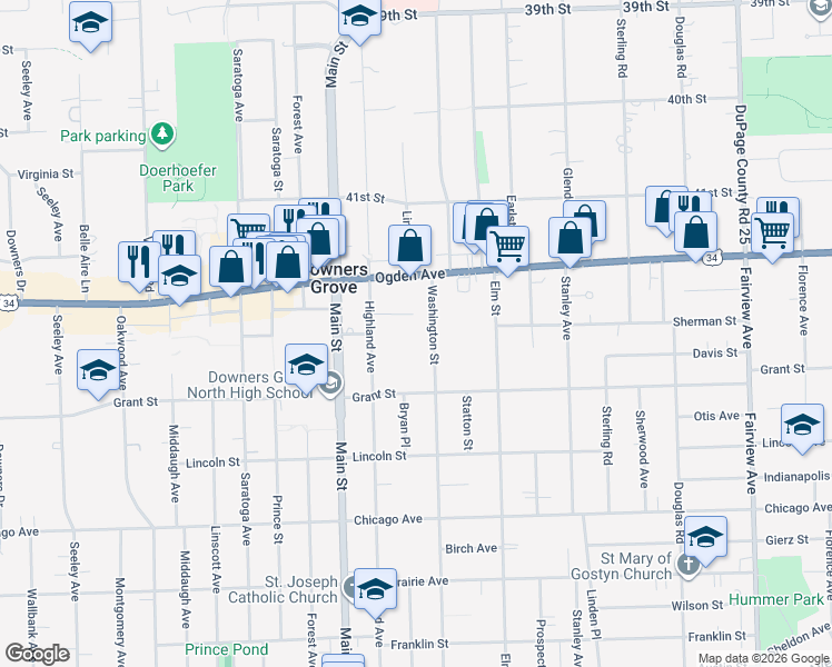 map of restaurants, bars, coffee shops, grocery stores, and more near 908 Highland Court in Downers Grove