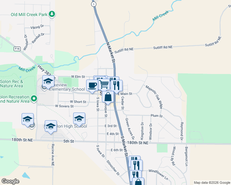 map of restaurants, bars, coffee shops, grocery stores, and more near 240 East Main Street in Solon