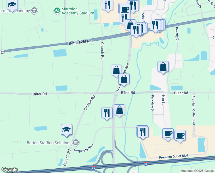map of restaurants, bars, coffee shops, grocery stores, and more near 2635 Church Road in Aurora