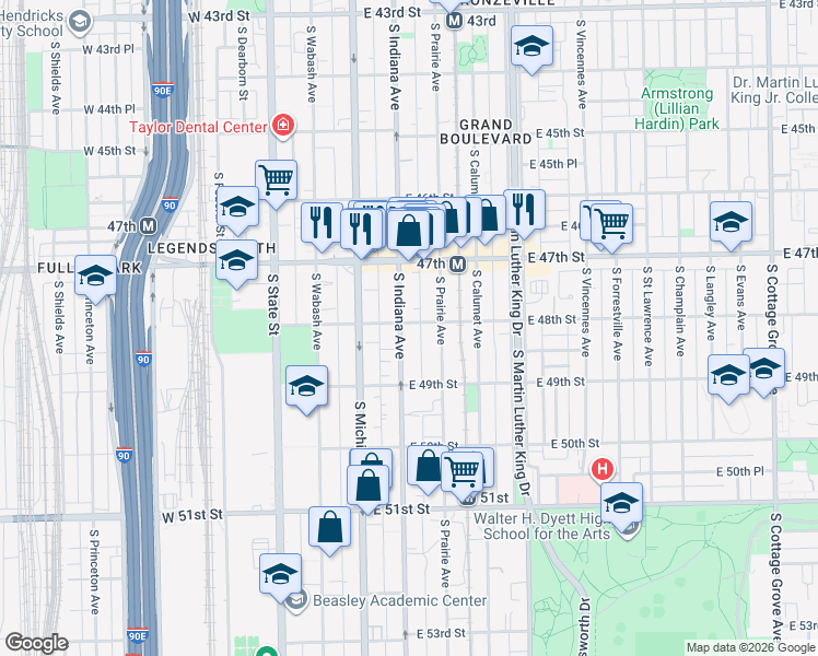 map of restaurants, bars, coffee shops, grocery stores, and more near 4749 South Indiana Avenue in Chicago