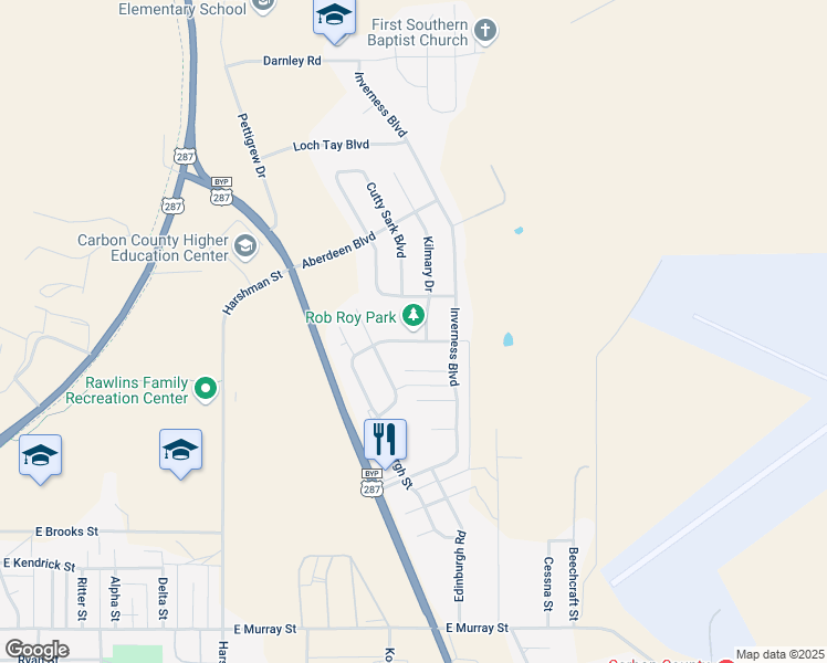 map of restaurants, bars, coffee shops, grocery stores, and more near 1701 Glasgow Boulevard in Rawlins