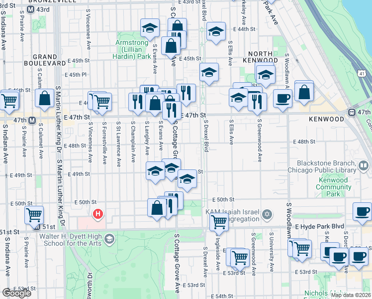 map of restaurants, bars, coffee shops, grocery stores, and more near 812 East 48th Street in Chicago