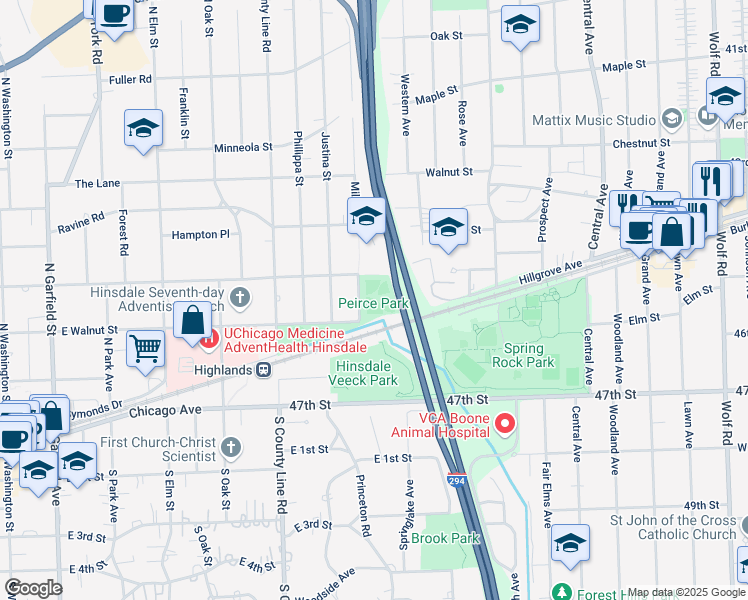 map of restaurants, bars, coffee shops, grocery stores, and more near 212 Mills Street in Hinsdale