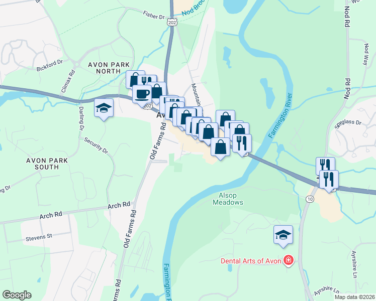 map of restaurants, bars, coffee shops, grocery stores, and more near 39 East Main Street in Avon