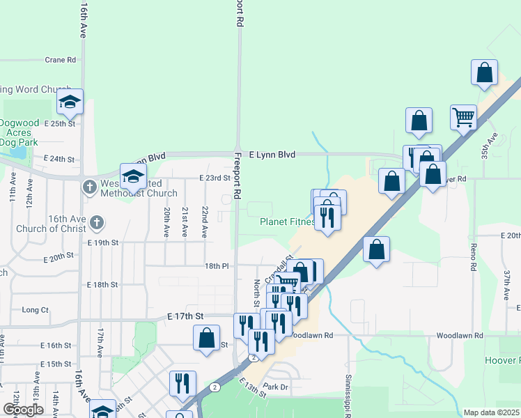 map of restaurants, bars, coffee shops, grocery stores, and more near 2100 Freeport Road in Sterling