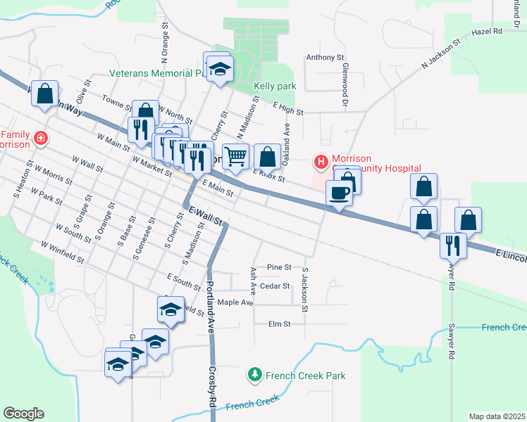 map of restaurants, bars, coffee shops, grocery stores, and more near 501 East Main Street in Morrison