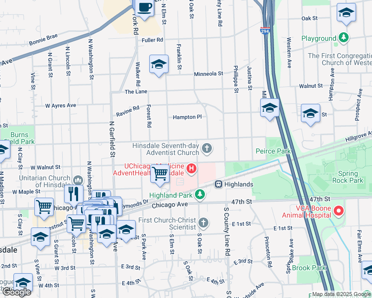map of restaurants, bars, coffee shops, grocery stores, and more near 355 Flagg Court in Hinsdale