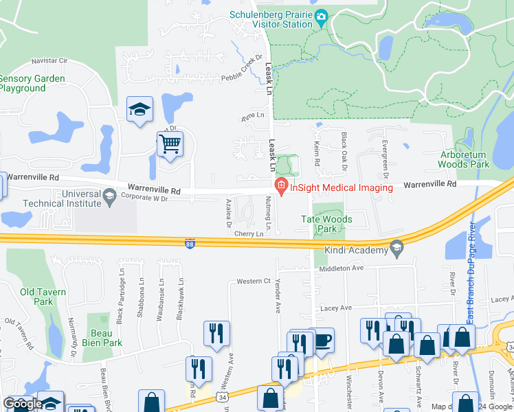 map of restaurants, bars, coffee shops, grocery stores, and more near 4320 Nutmeg Lane in Lisle