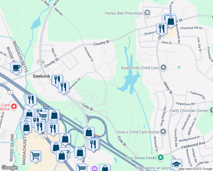 map of restaurants, bars, coffee shops, grocery stores, and more near Springhouse Trail in Seekonk
