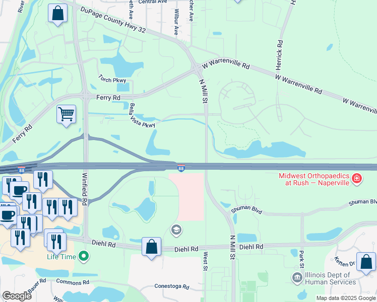 map of restaurants, bars, coffee shops, grocery stores, and more near 27201 Bella Vista Parkway in Warrenville