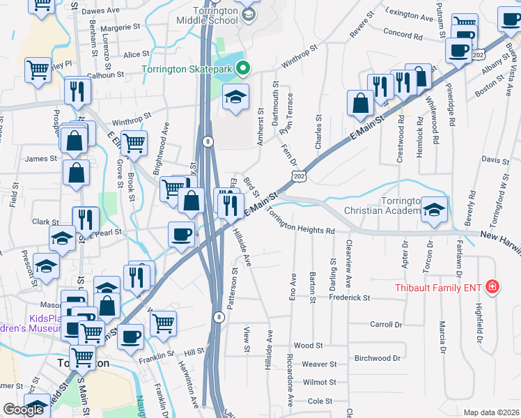 map of restaurants, bars, coffee shops, grocery stores, and more near 524 East Main Street in Torrington