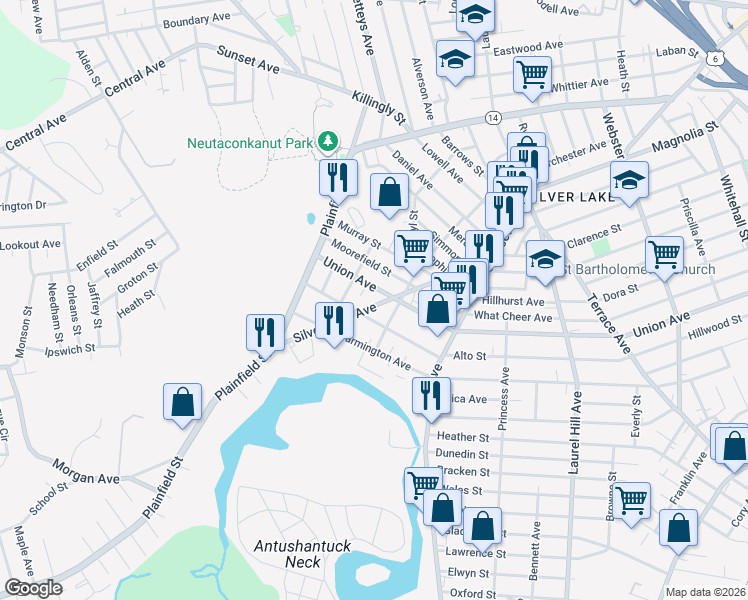 map of restaurants, bars, coffee shops, grocery stores, and more near 90 Moorefield Street in Providence