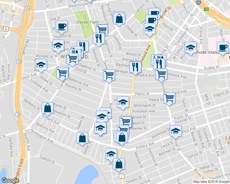 map of restaurants, bars, coffee shops, grocery stores, and more near 61 Bellevue Avenue in Providence