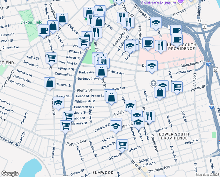 map of restaurants, bars, coffee shops, grocery stores, and more near 45 Wesleyan Avenue in Providence